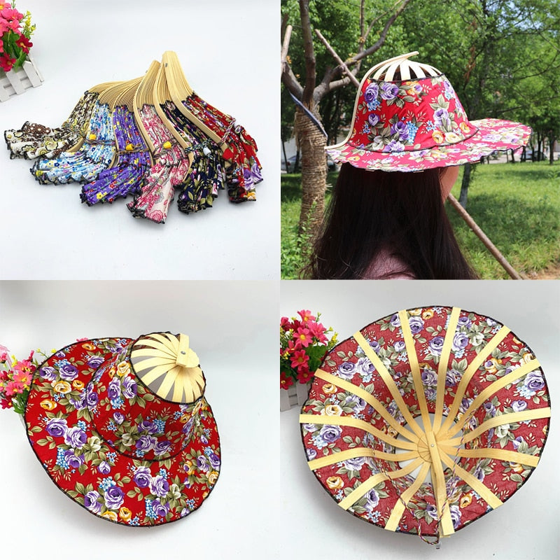 Floral Patterned Foldable Sun Hat Made of Bamboo