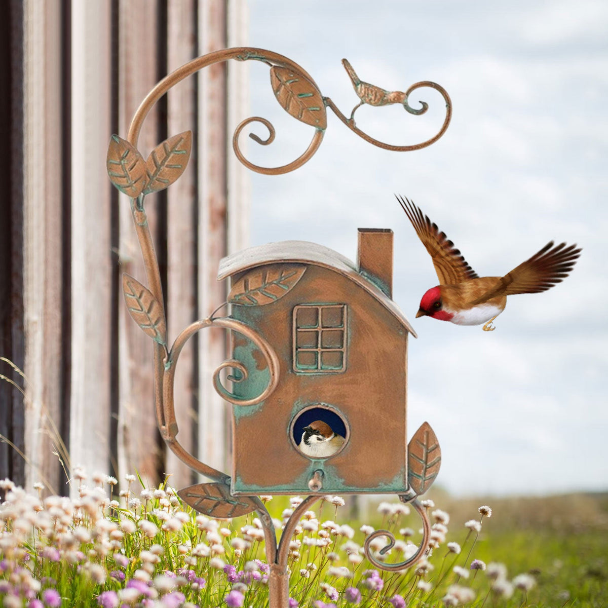 Handcrafted Garden Stake Birdhouse – Decorative Metal Feeder Sculpture for Outdoor Spaces