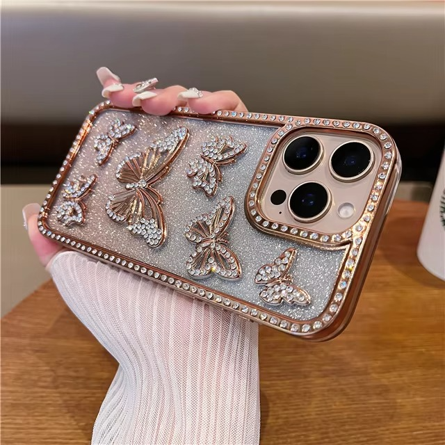 Rhinestone-Decorated Butterfly Phone Case with Shock-Resistant Frame