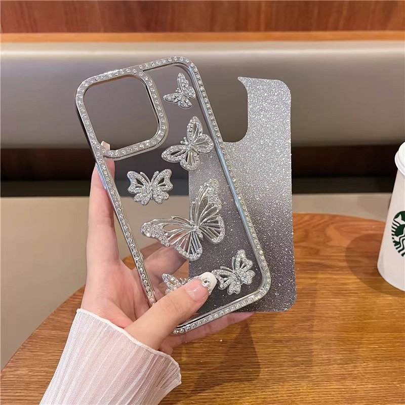 Rhinestone-Decorated Butterfly Phone Case with Shock-Resistant Frame