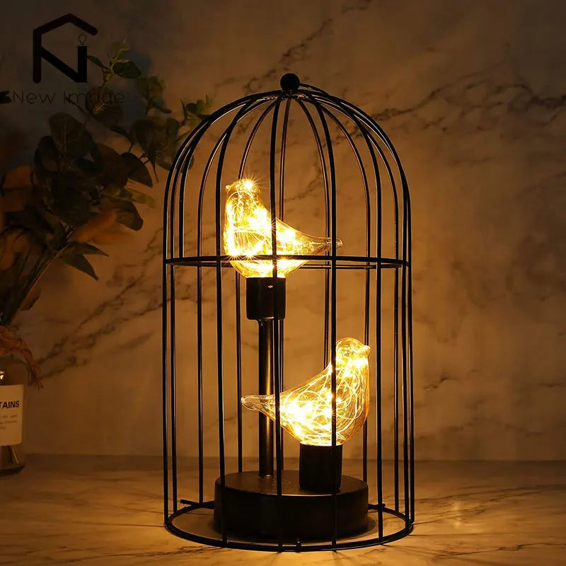 Table Lamp with Metal Birdcage Design and Bird Accent – Warm White Fairy Light