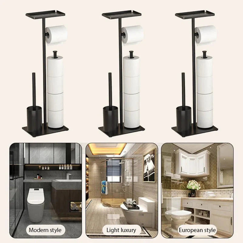 Bathroom Tissue Holder with Brush and Storage Shelf – Fits 4 Rolls