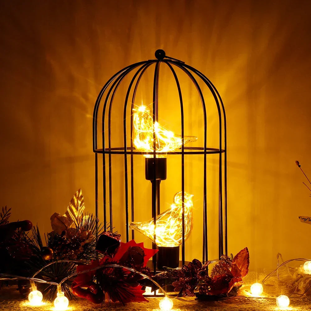 Table Lamp with Metal Birdcage Design and Bird Accent – Warm White Fairy Light