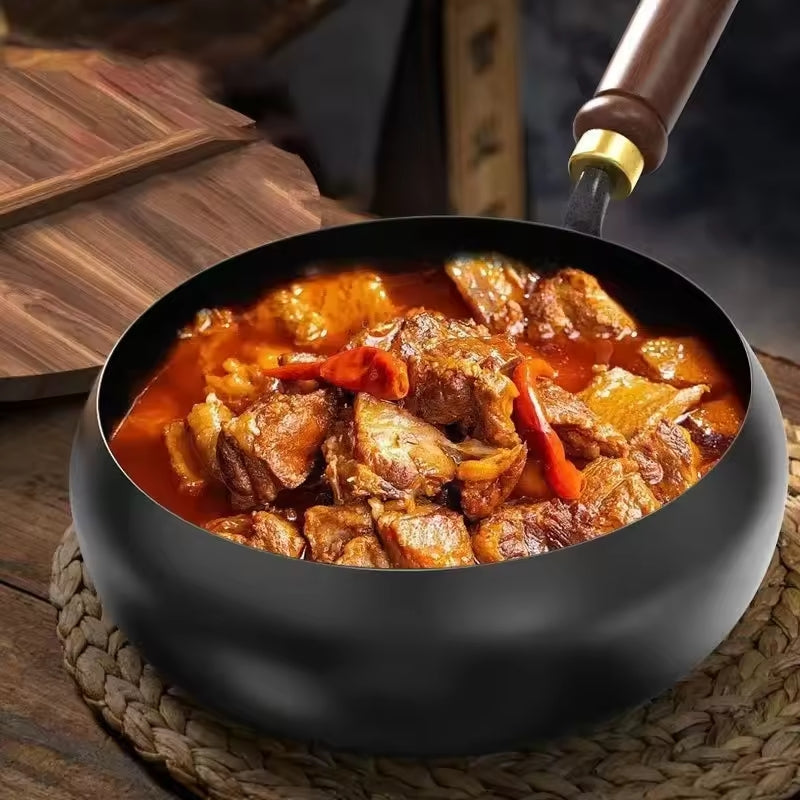Uncoated Cast Iron Skillet with Wooden Handle