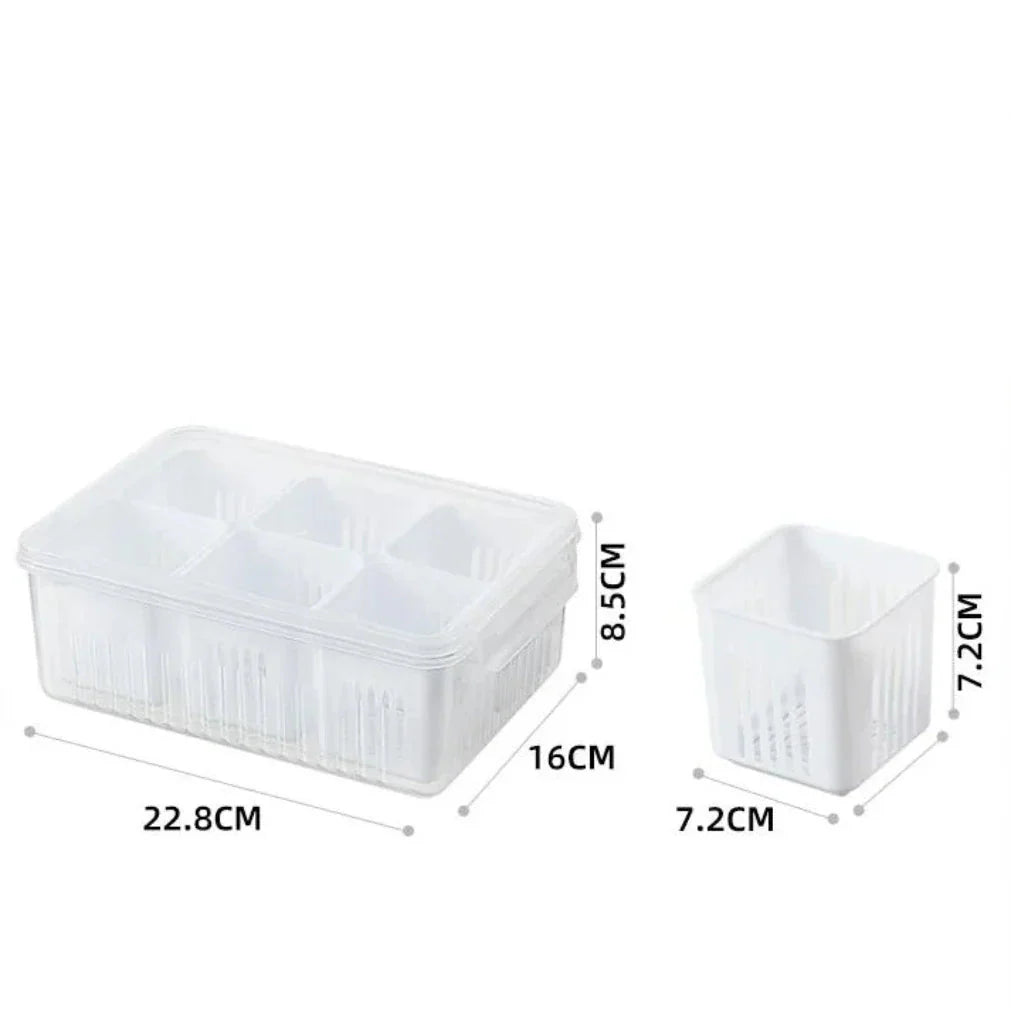6-Compartment Refrigerator Storage Bin with Lid and Drain Insert