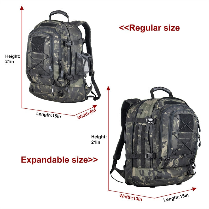 Expandable Waterproof Rucksack for Hiking, Camping, Travel - 60L Tactical Backpack