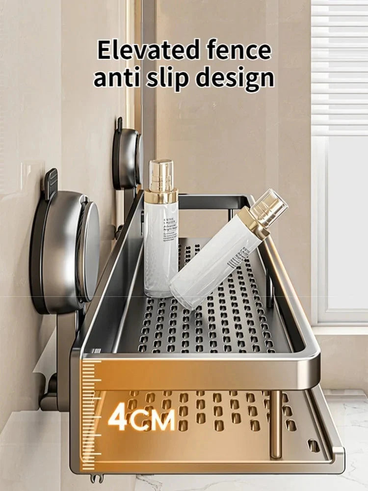 Bathroom Shelf without Drilling – Aluminum with Towel Bar and Hooks