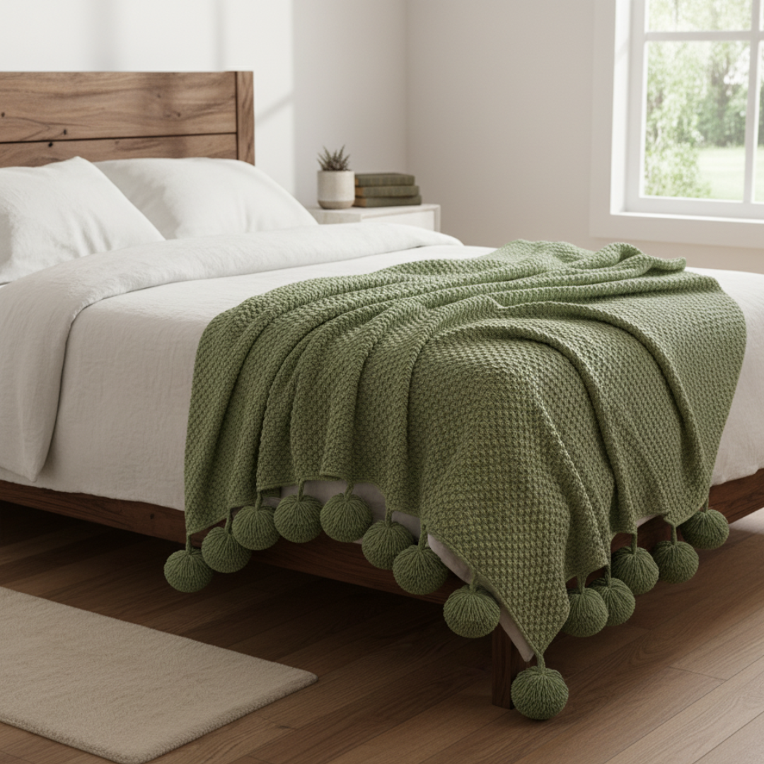 Waffle Knit Throw Blanket in Scandinavian Style with Fun Pom Pom Tassels