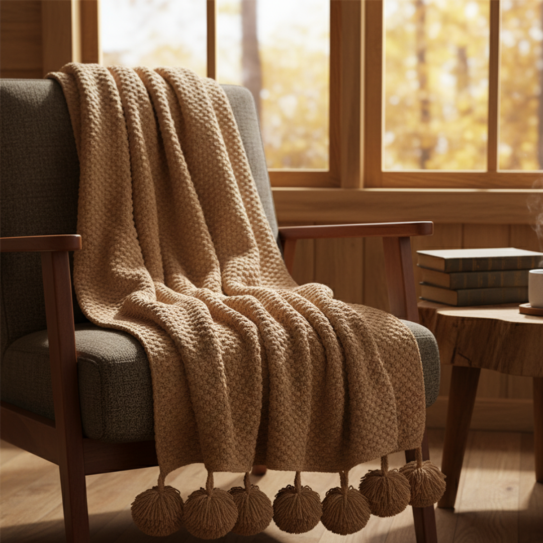 Waffle Knit Throw Blanket in Scandinavian Style with Fun Pom Pom Tassels