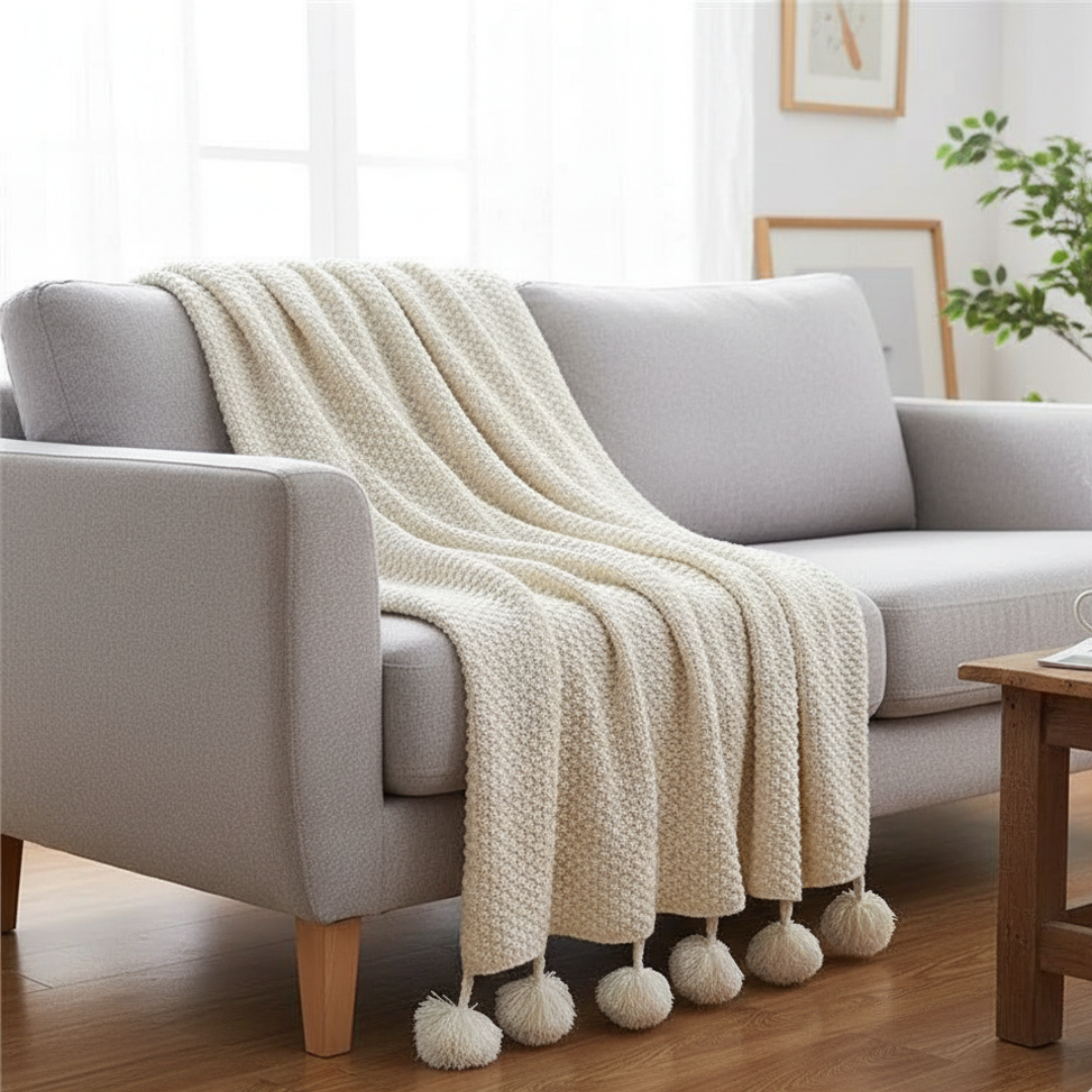 Waffle Knit Throw Blanket in Scandinavian Style with Fun Pom Pom Tassels