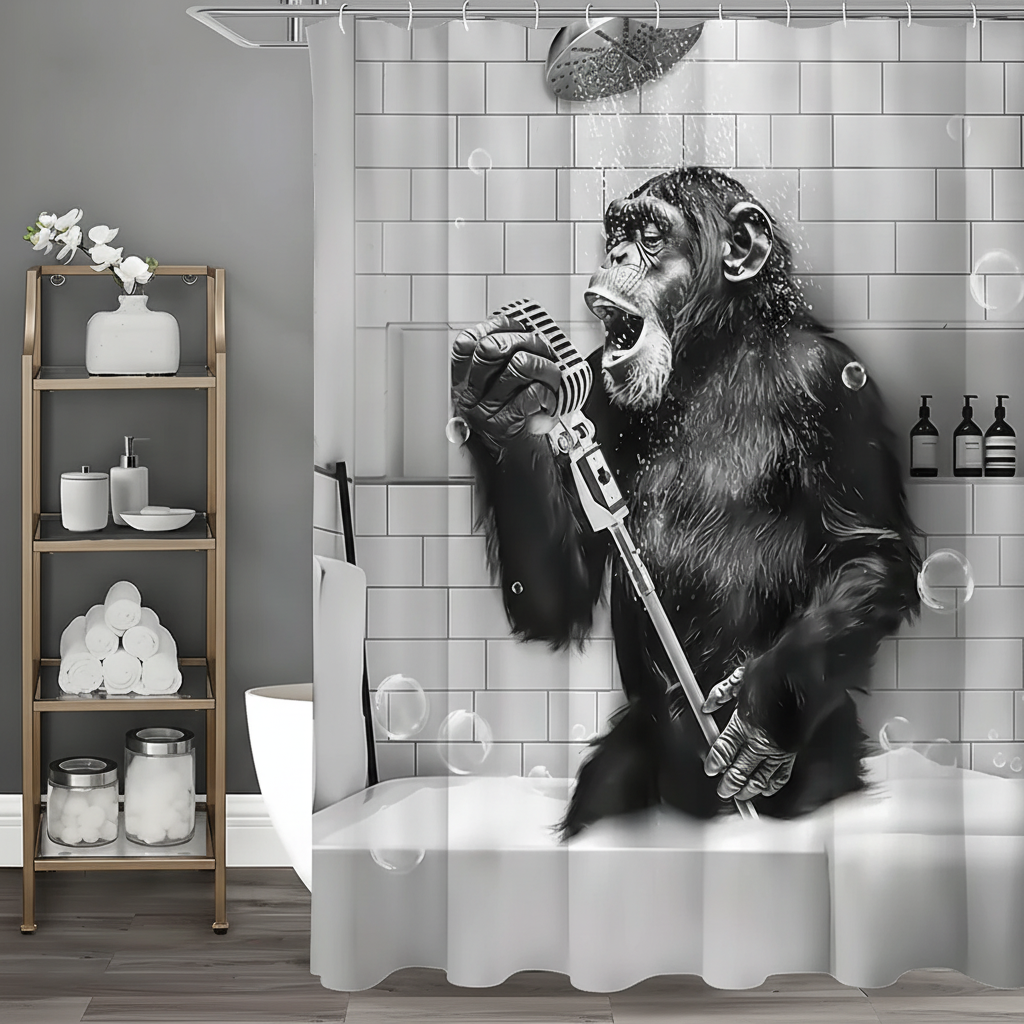 Water-Repellent Polyester Shower Curtain – Black and White Monkey Print