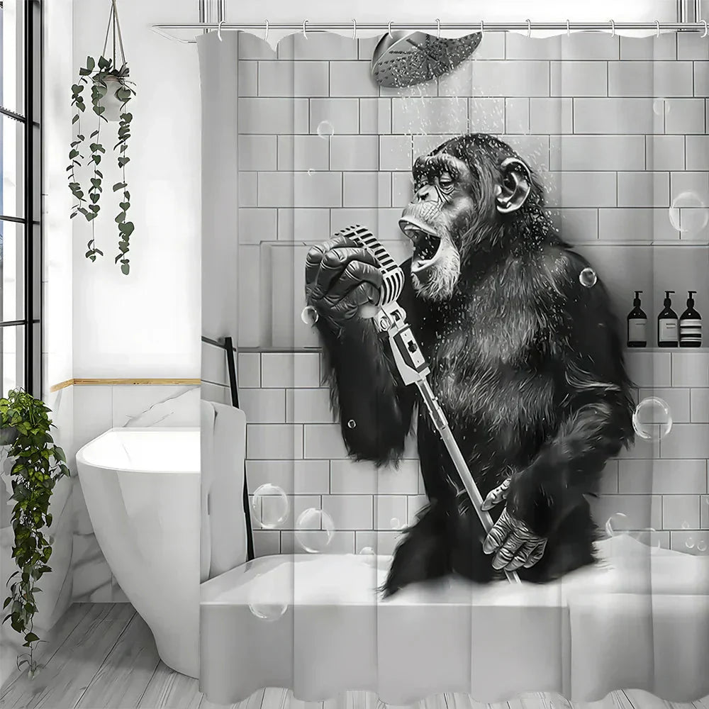 Water-Repellent Polyester Shower Curtain – Black and White Monkey Print
