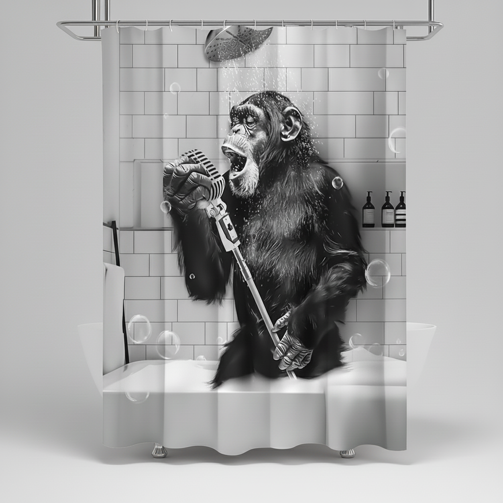 Water-Repellent Polyester Shower Curtain – Black and White Monkey Print