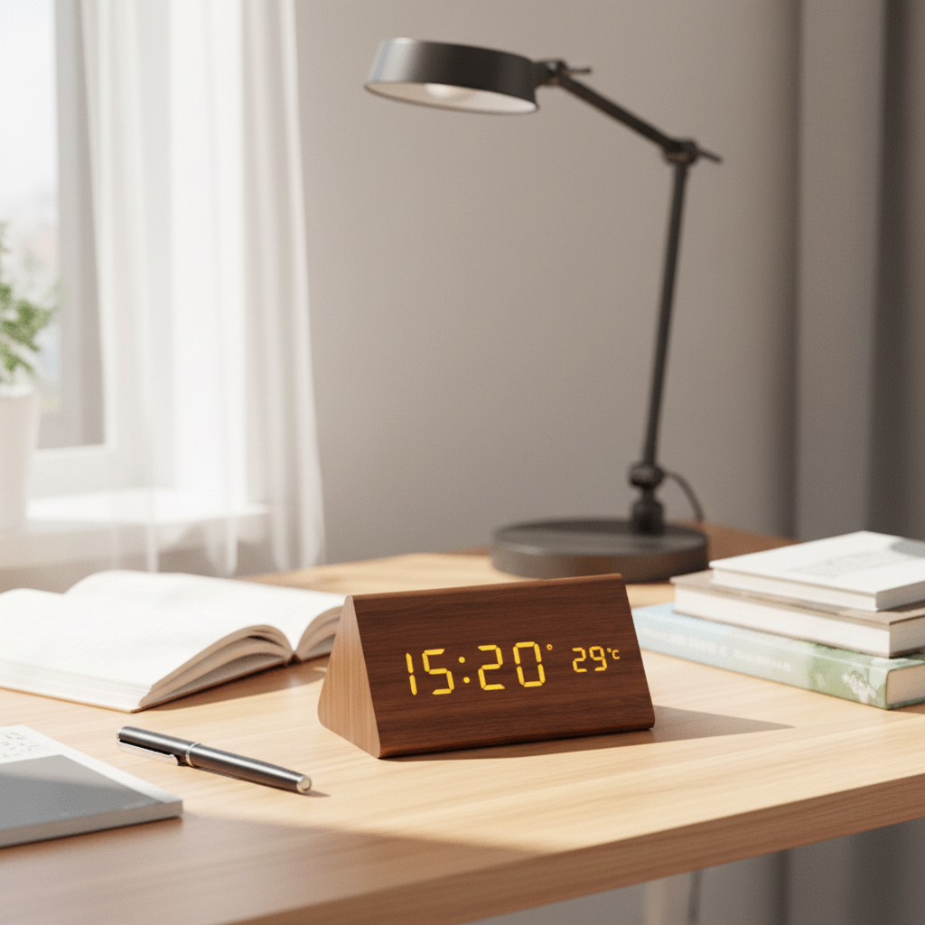 Natural Wood LED Clock with Voice Activation for Modern Homes
