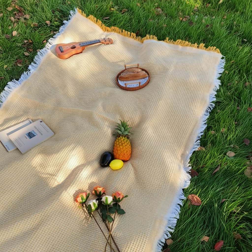 Woven Picnic Blanket in White Plaid with Tassel Edge for Outdoor Use