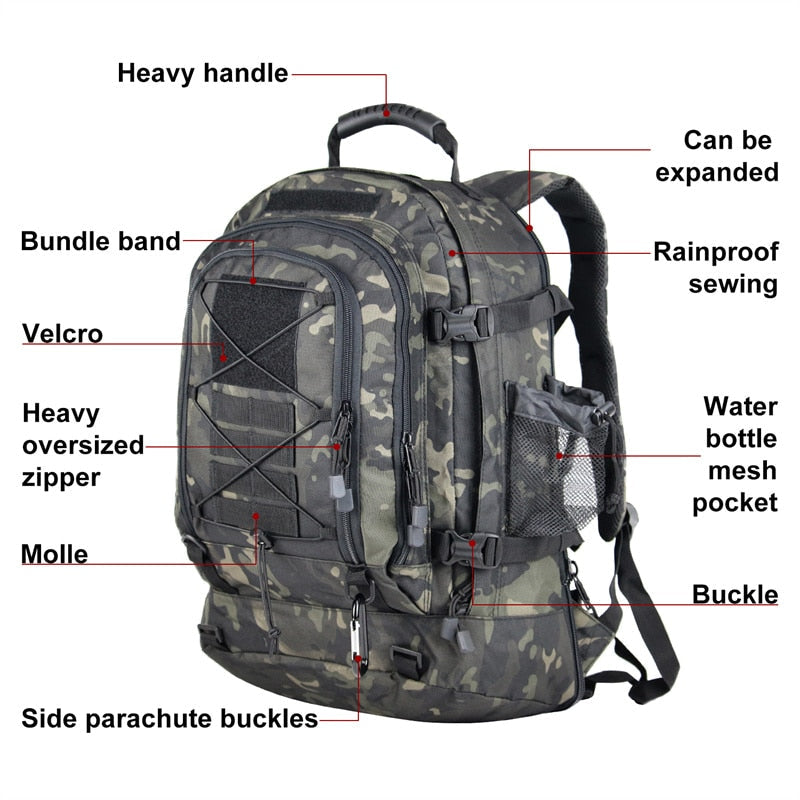Expandable Waterproof Rucksack for Hiking, Camping, Travel - 60L Tactical Backpack