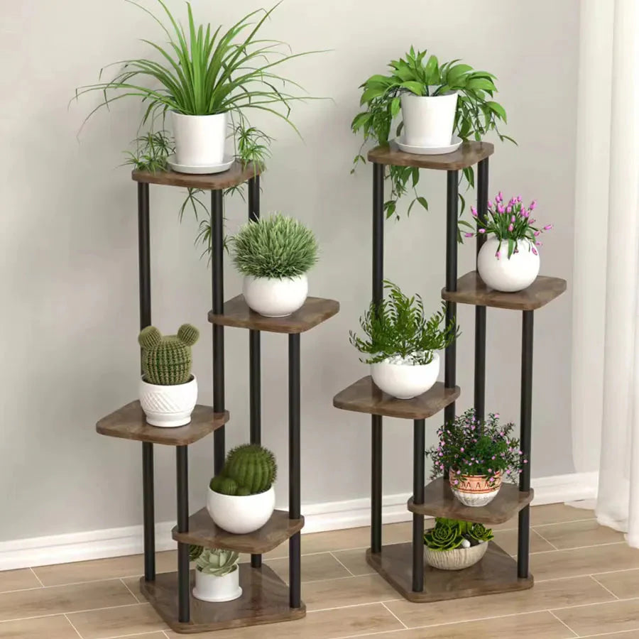 5-Tier Plant Stand – Black Metal Frame and Wooden Shelves