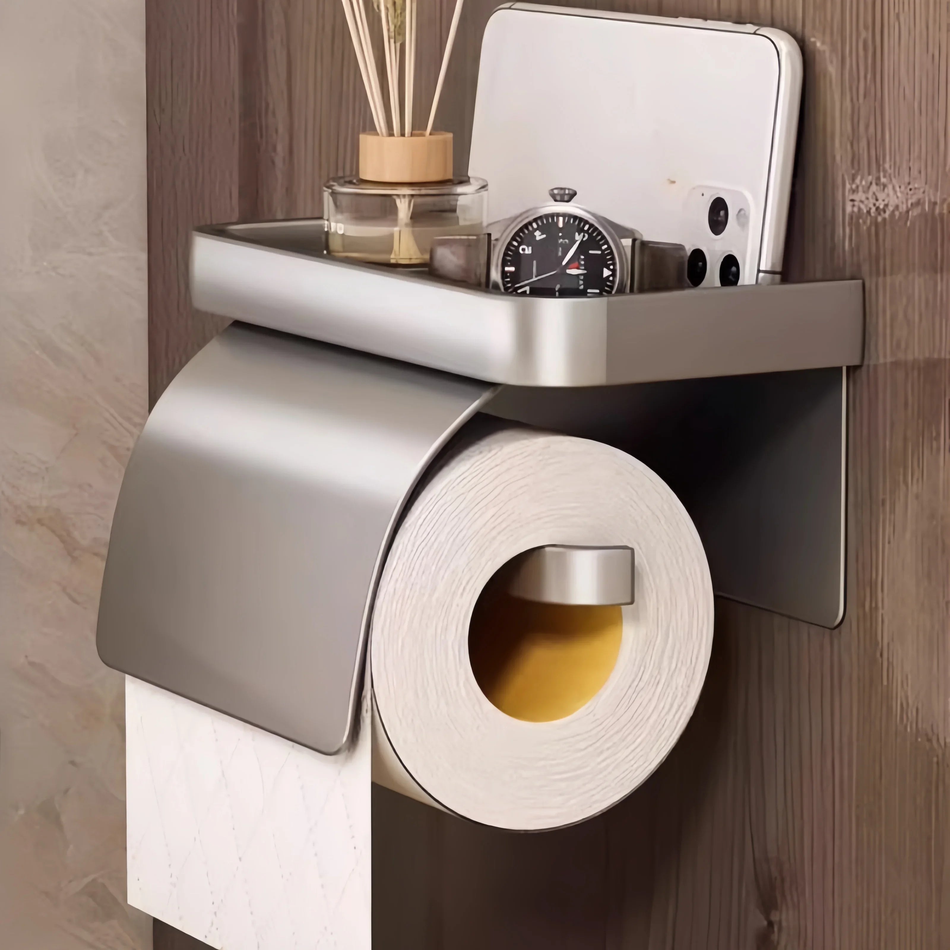 Wall-Mounted Toilet Paper Holder with Storage Shelf – Keeps Paper Dry