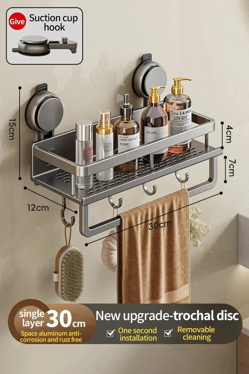 Bathroom Shelf without Drilling – Aluminum with Towel Bar and Hooks