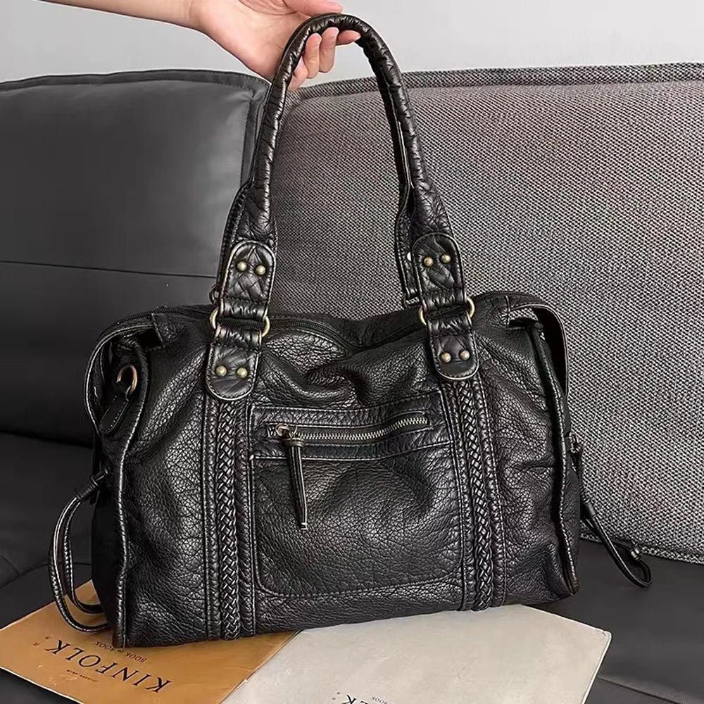 Vintage Washed Black PU Leather Tote Bag with Gold Accents