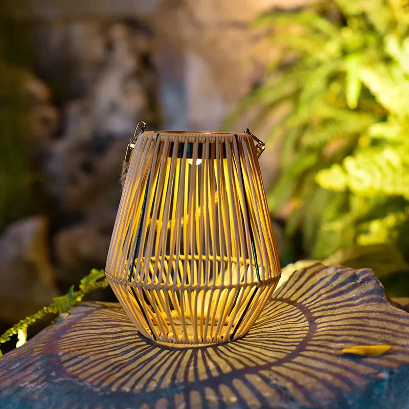 LED Solar Lantern with Rattan Design - Automatic Dusk Sensor