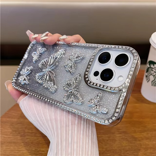 Rhinestone-Decorated Butterfly Phone Case with Shock-Resistant Frame
