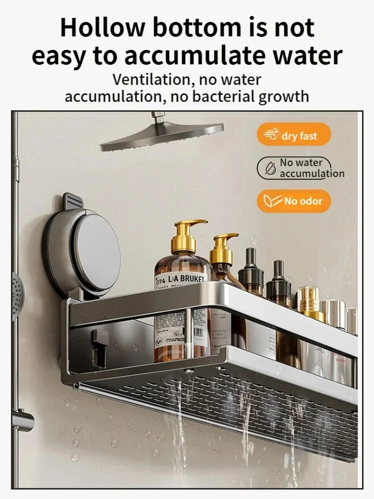 Bathroom Shelf without Drilling – Aluminum with Towel Bar and Hooks