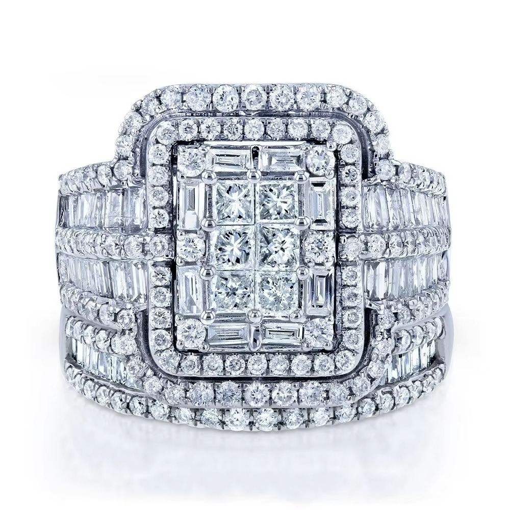 Square Center Stone Bridal Ring Set with Halo Accent Design