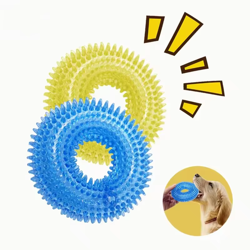 Textured Chew Ring for Dogs with Squeaker and Thorn-Like Surface