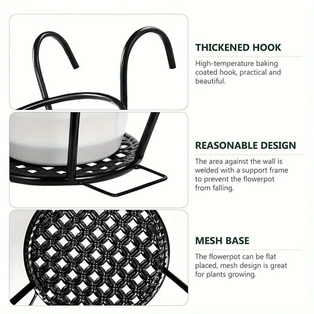 Set of 3 Black Metal Pot Holders with Hooks for Balcony