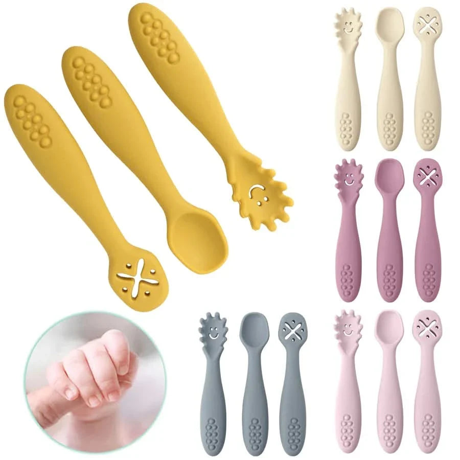 Silicone Toddler Utensils Set - 3 Piece Soft Fork and Spoon for Self-Feeding