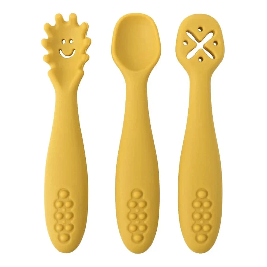 Silicone Toddler Utensils Set - 3 Piece Soft Fork and Spoon for Self-Feeding