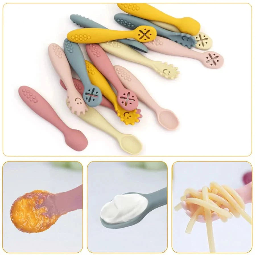 Silicone Toddler Utensils Set - 3 Piece Soft Fork and Spoon for Self-Feeding
