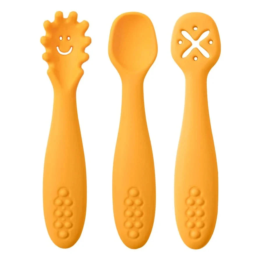 Silicone Toddler Utensils Set - 3 Piece Soft Fork and Spoon for Self-Feeding