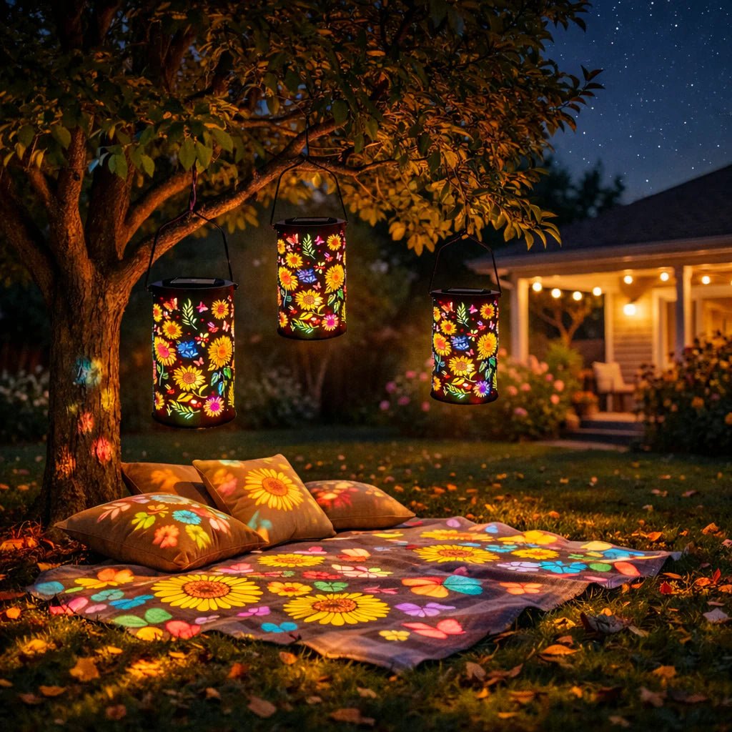 Metal Solar Garden Lantern | Flower Light Projection | Automatic Twilight Switch