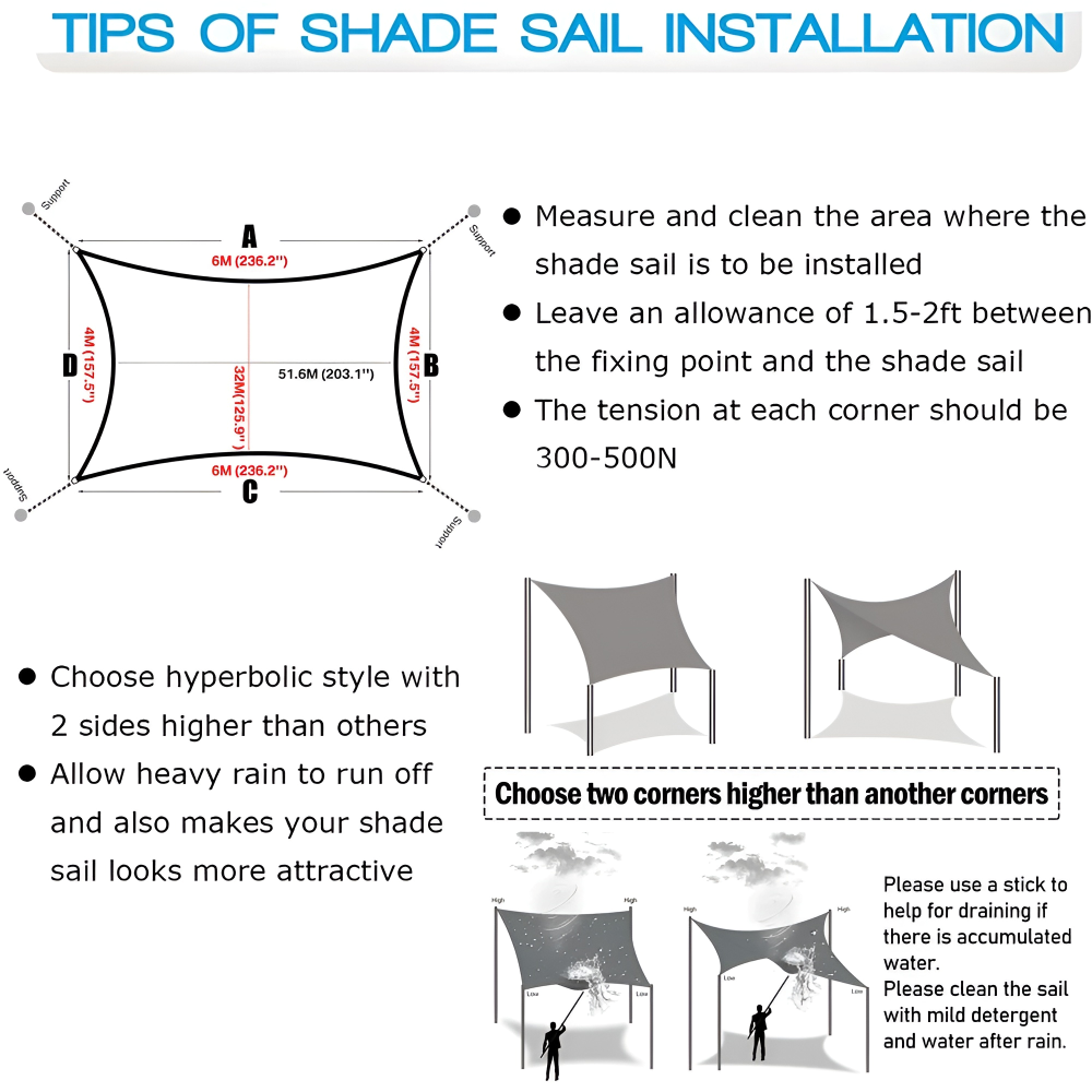 UV-Resistant Rectangular Shade Sail – Waterproof Sunshade for Garden, Balcony & Terrace with Adjustable Mounting System