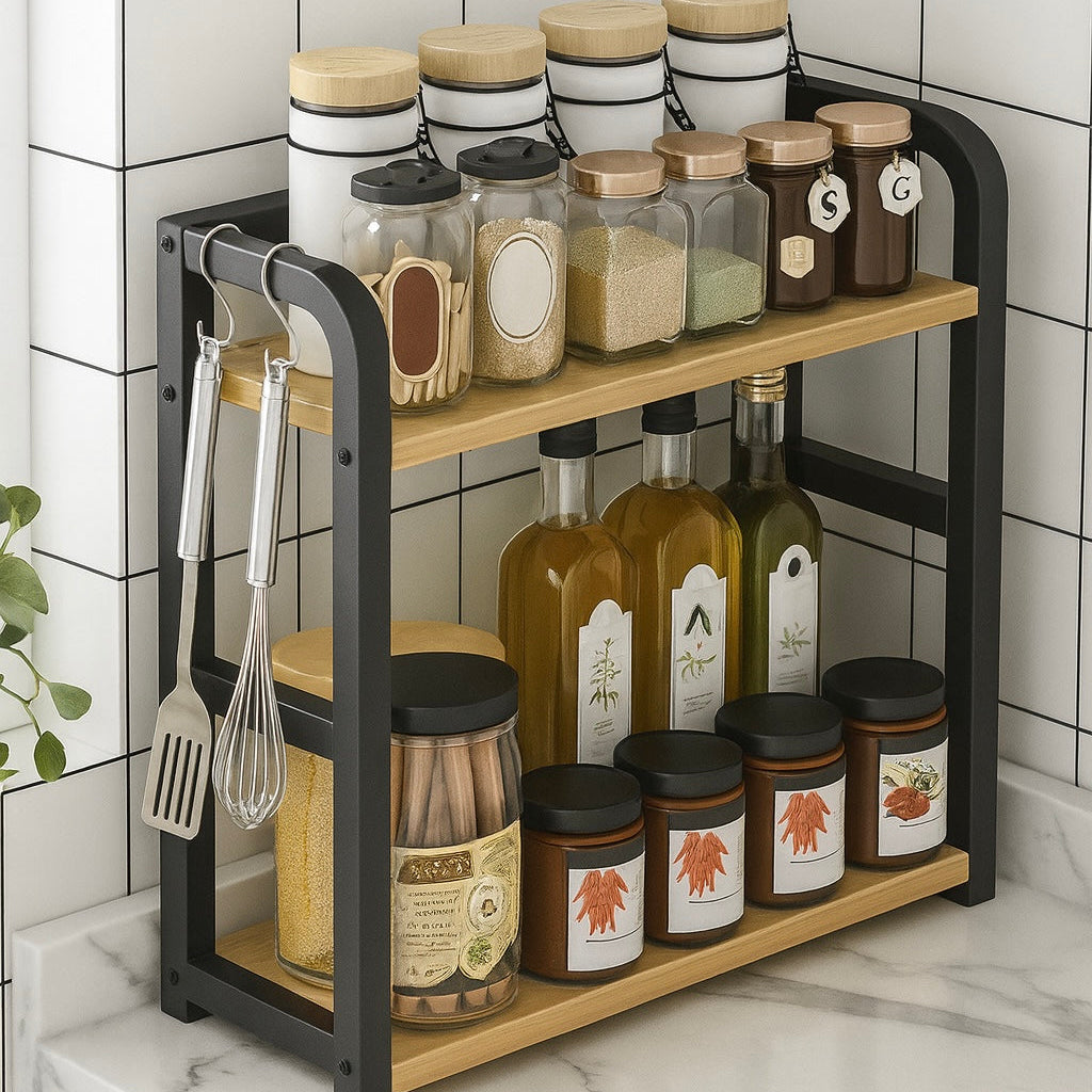 Dual-Level Spice Storage Rack – Elegant Black Frame & Wooden Shelves