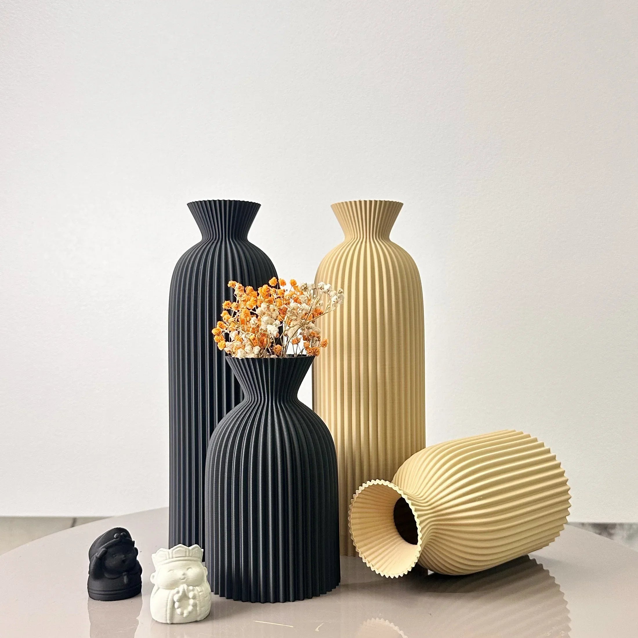 Elegant Dual Ceramic Vases with Striped Design in Neutral Tones