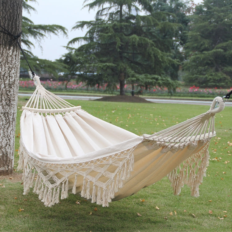 Canvas Outdoor Hammock with Spreader Bar - Double White Fringe