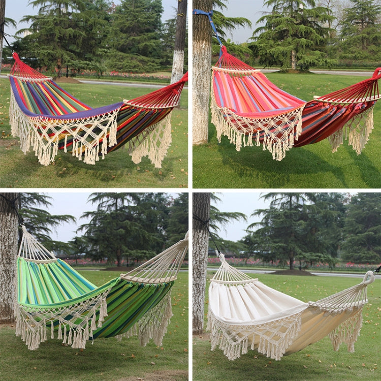 Canvas Outdoor Hammock with Spreader Bar - Double White Fringe