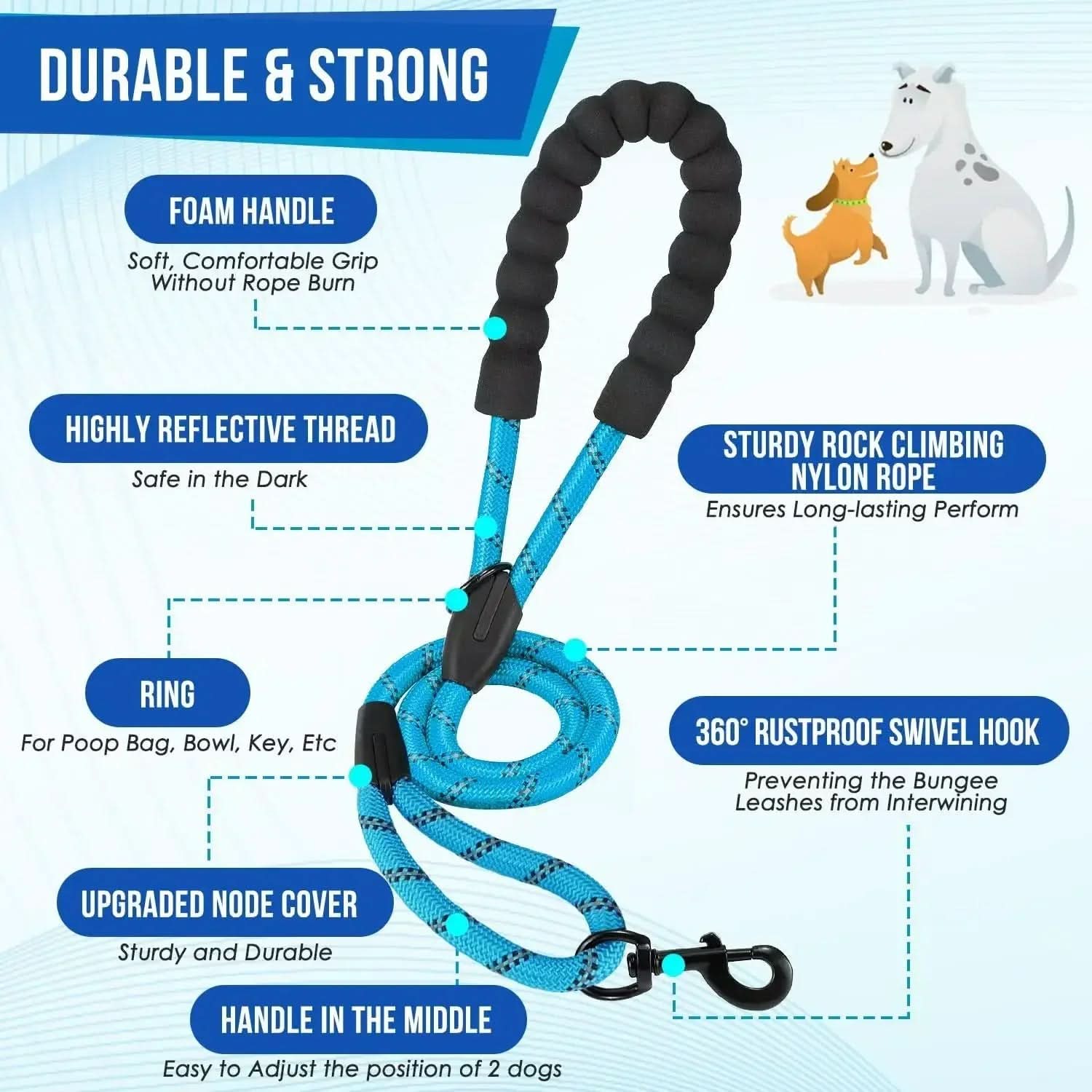 Dual Dog Leash with 360° Swivel and Shock Absorption Feature