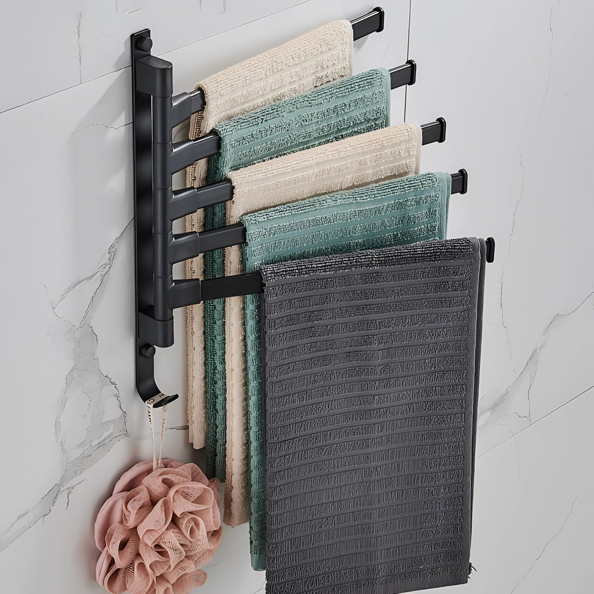 Space-Saving Towel Rack in Black with 5 Adjustable Swivel Arms
