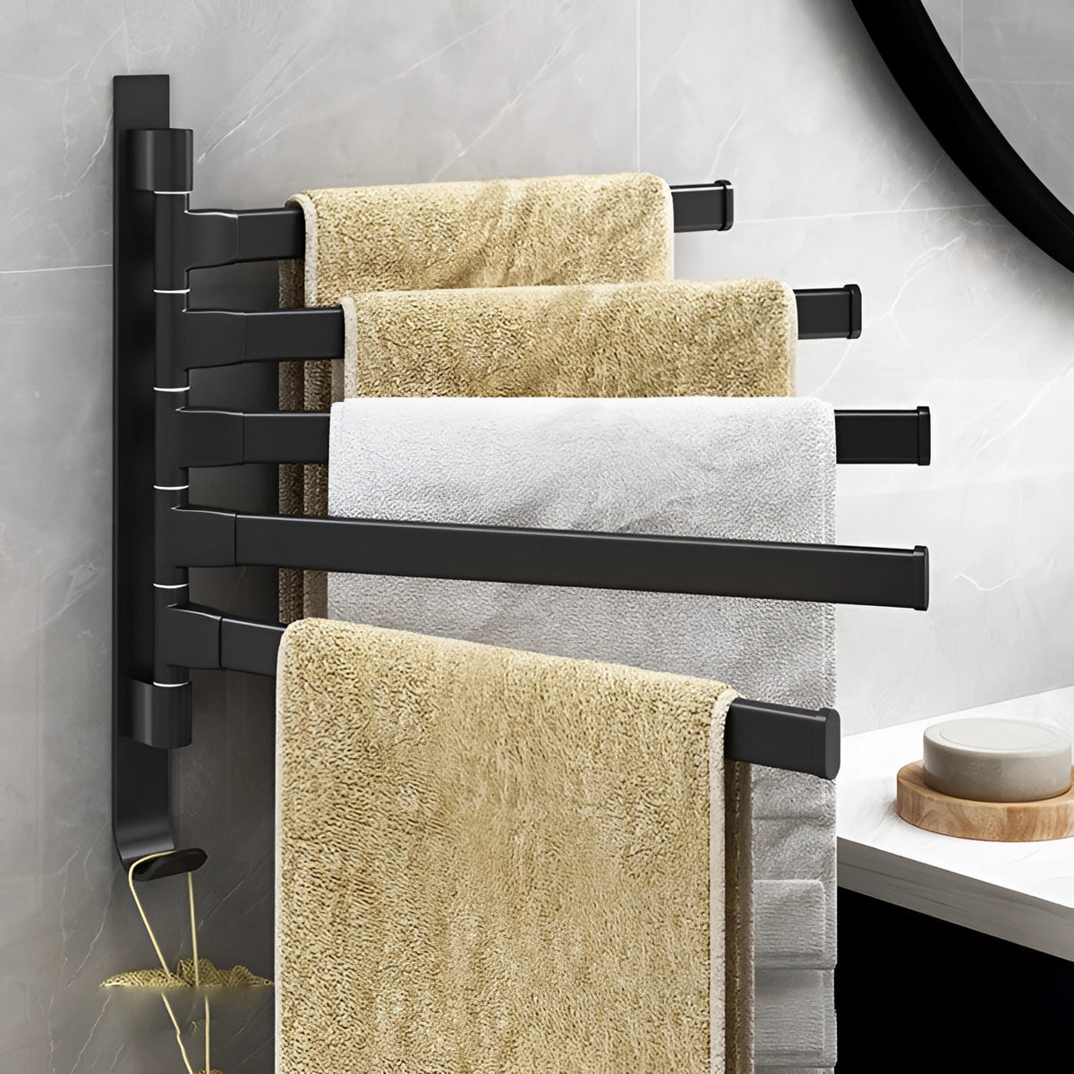 Space-Saving Towel Rack in Black with 5 Adjustable Swivel Arms