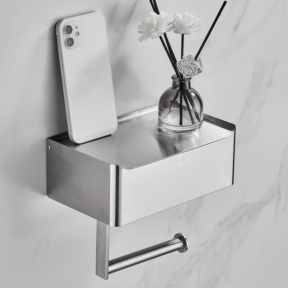 Tissue Box and Toilet Paper Holder in Stainless Steel with Shelf