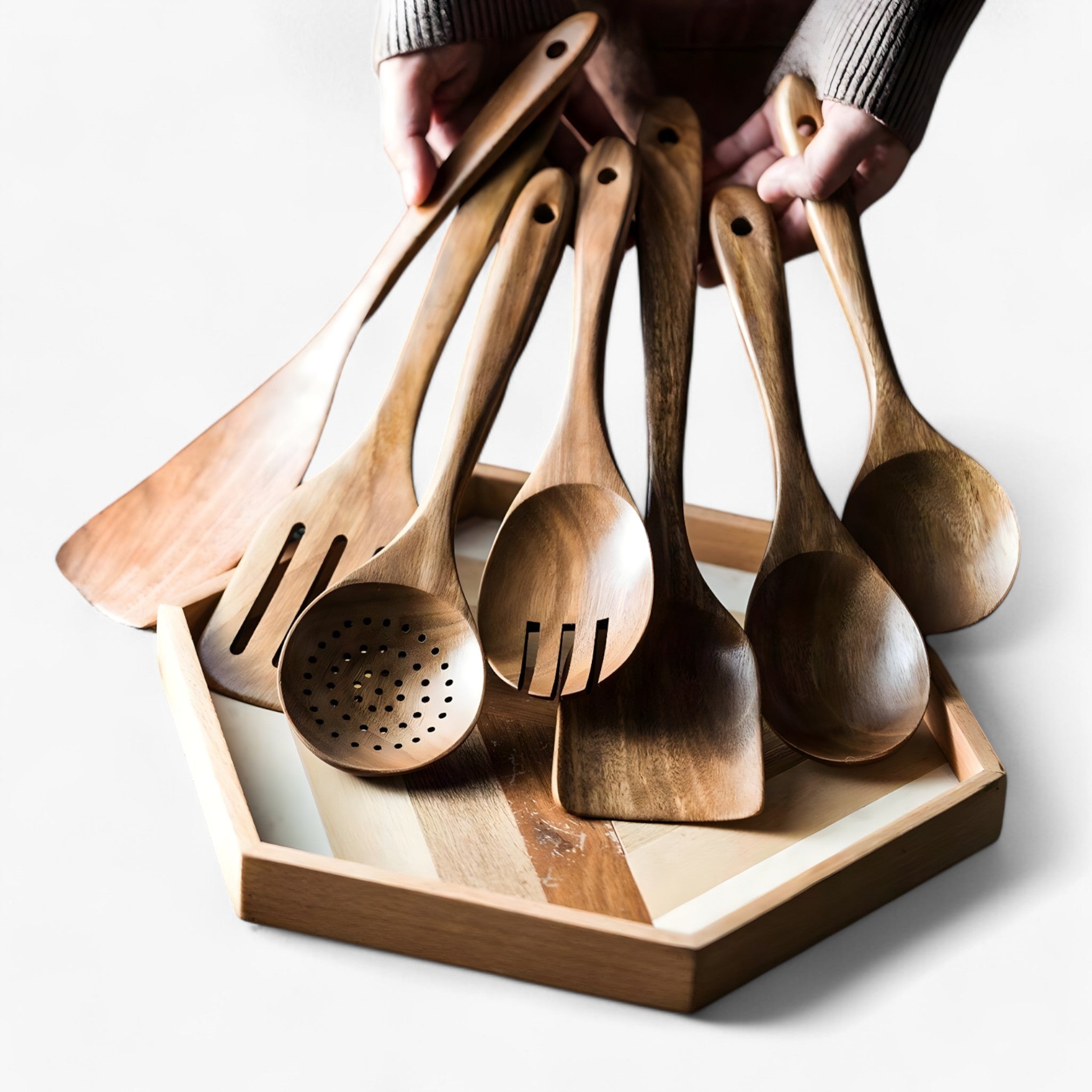 9-Piece Premium Teak Cooking Utensil Collection with Holder