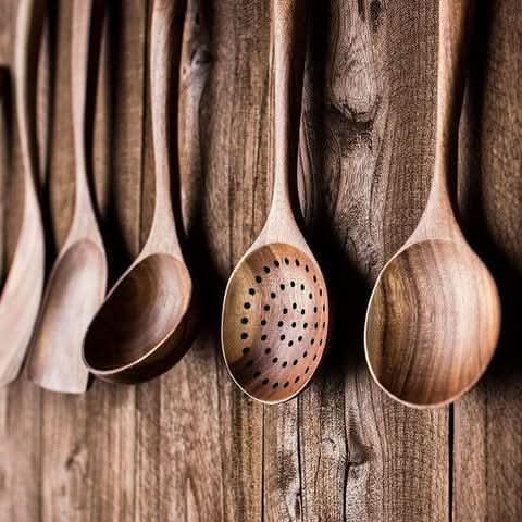 Teak Wood Kitchen Utensil Set for Natural Cooking – Spatula & Serving Spoons