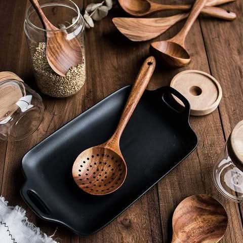 Teak Wood Kitchen Utensil Set for Natural Cooking – Spatula & Spoons