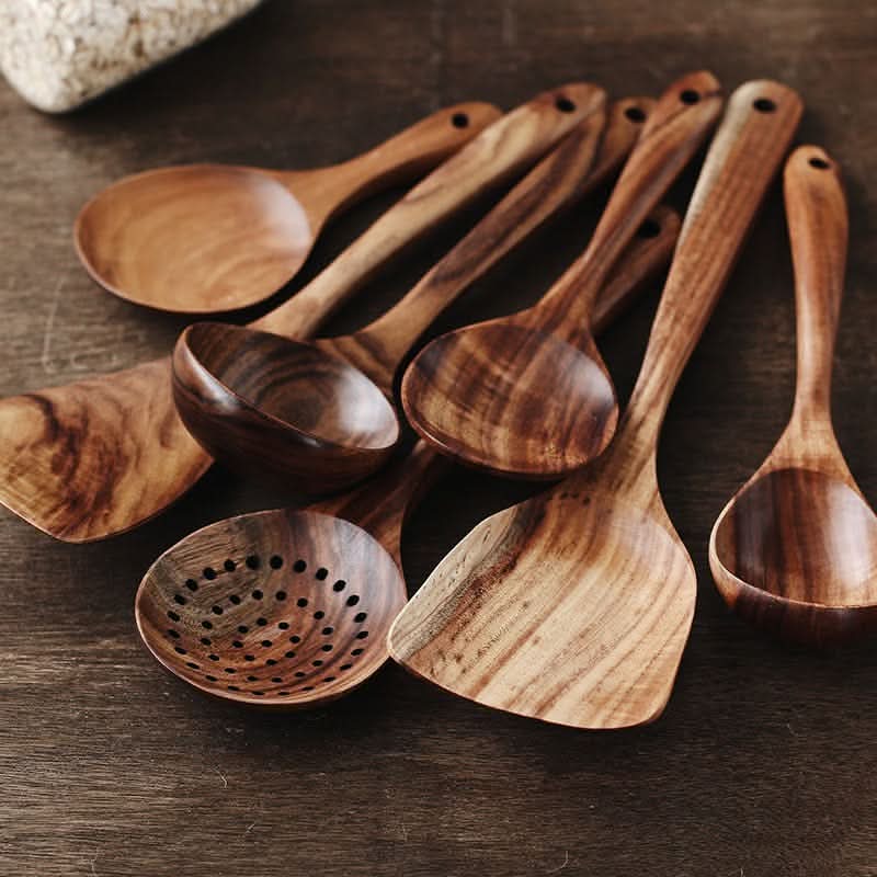 Teak Wood Kitchen Utensil Set for Natural Cooking – Spatula & Serving Spoons