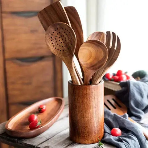 9-Piece Kitchen Utensil Set in Teak Wood with Holder and Spoon Rest