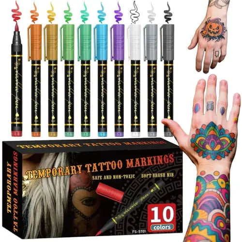 Skin-Friendly Brush Tip Markers for Temporary Tattoos - Set of 10 Colors